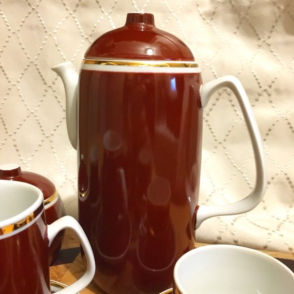 MCM Burgundy + Gold Hungarian Espresso Pot, Creamer, Sugar, Cups and Sau… - Picture 14 of 15